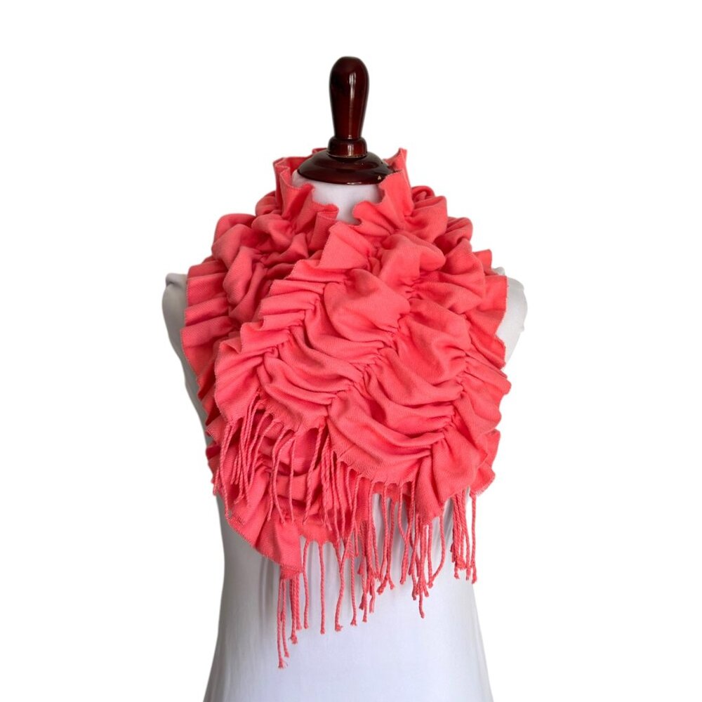 So Soft! Smocked Ruffled Coral Acrylic Scarf With Fringe Cashmere Feel